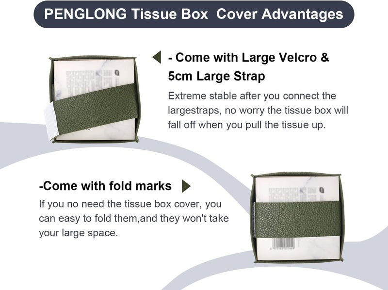 PENGLONG Tissue Box Cover 5X5X5'' PU Leather Tissue Holder Square Tissue Cube Box Organizer for Bathroom Vanity Countertop, Car, Night Stands, Office, Home, Kitchen (2Pack, Dark Green) - Image 4